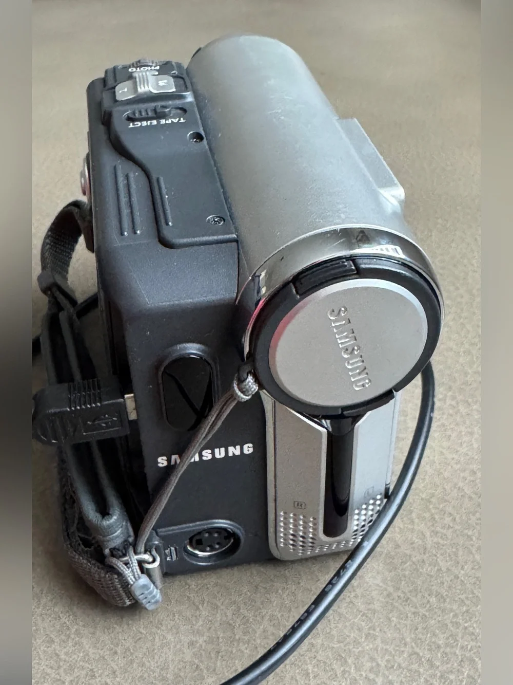 Samsung Silver Digital Camcorder with Gray and Blue Carry Case